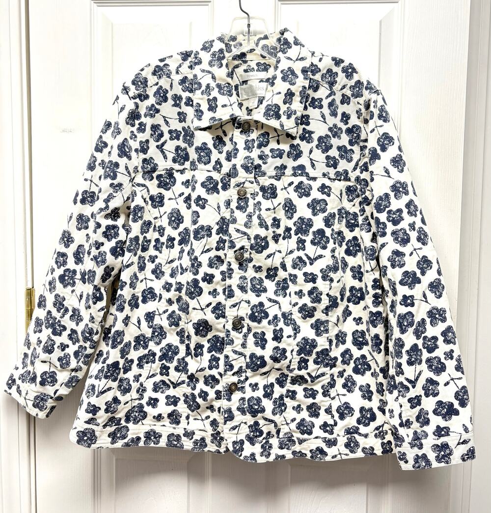 CJ Banks Jacket Floral Corduroy Womens 1X Blue Cream Stretch Button Front